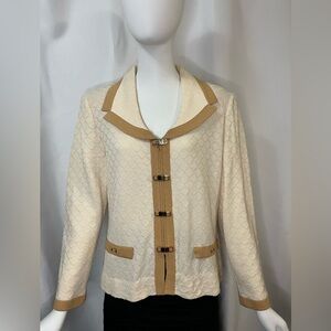 St. John Collection Cream Knit Blazer Jacket Size 10 Gold Trim Santana Knit